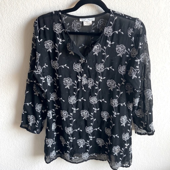 White House Black Market sheer black embroidered floral blouse - Picture 1 of 5